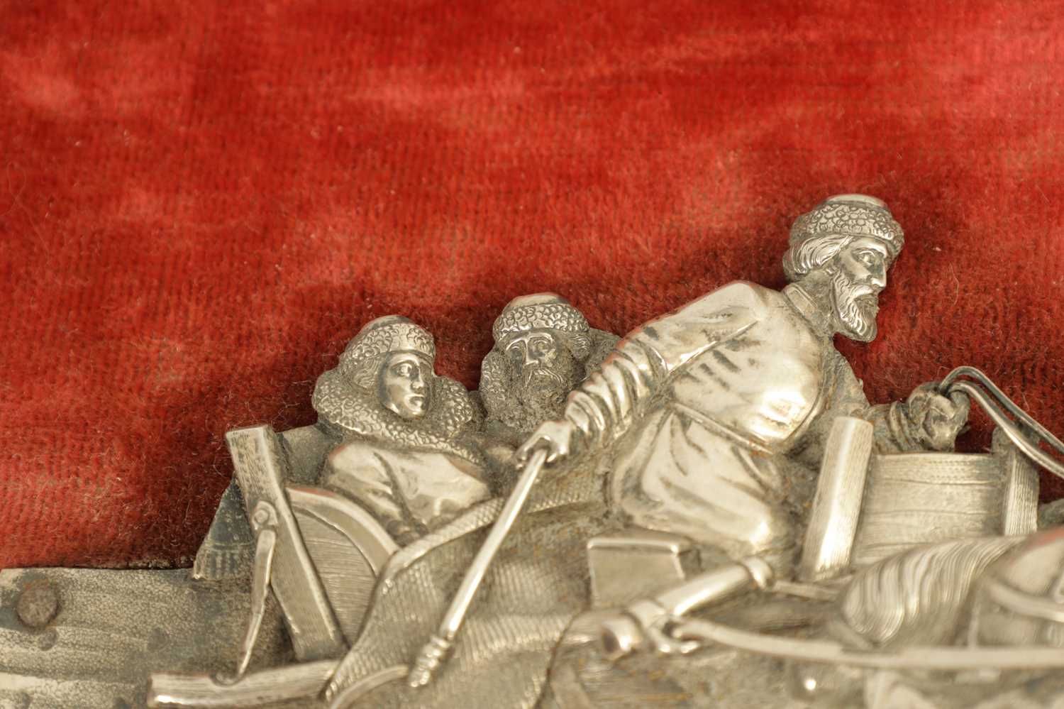 A LATE 19TH CENTURY RUSSIAN SILVER PLAQUE DEPICTING COSSACKS ON A SLAY PULLED BY HORSES - Image 4 of 14