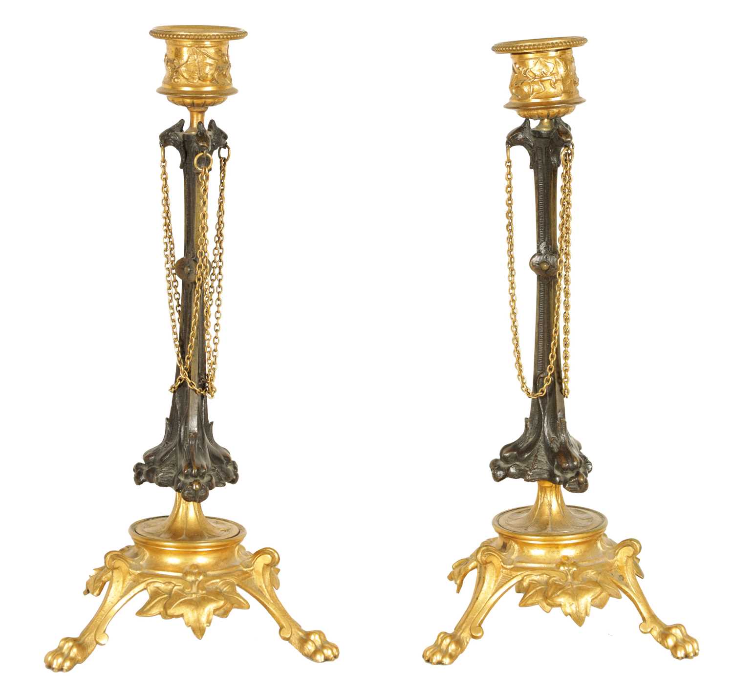 A PAIR OF LATE 19TH CENTURY FRENCH BARBIDIENNE STYLE BRONZE AND ORMOLU CANDLESTICKS