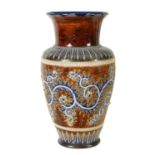 AN IMPRESSIVE 19TH CENTURY DOULTON LAMBETH TAPERING SHOULDERED STONEWARE VASE BY GEORGE TINWORTH