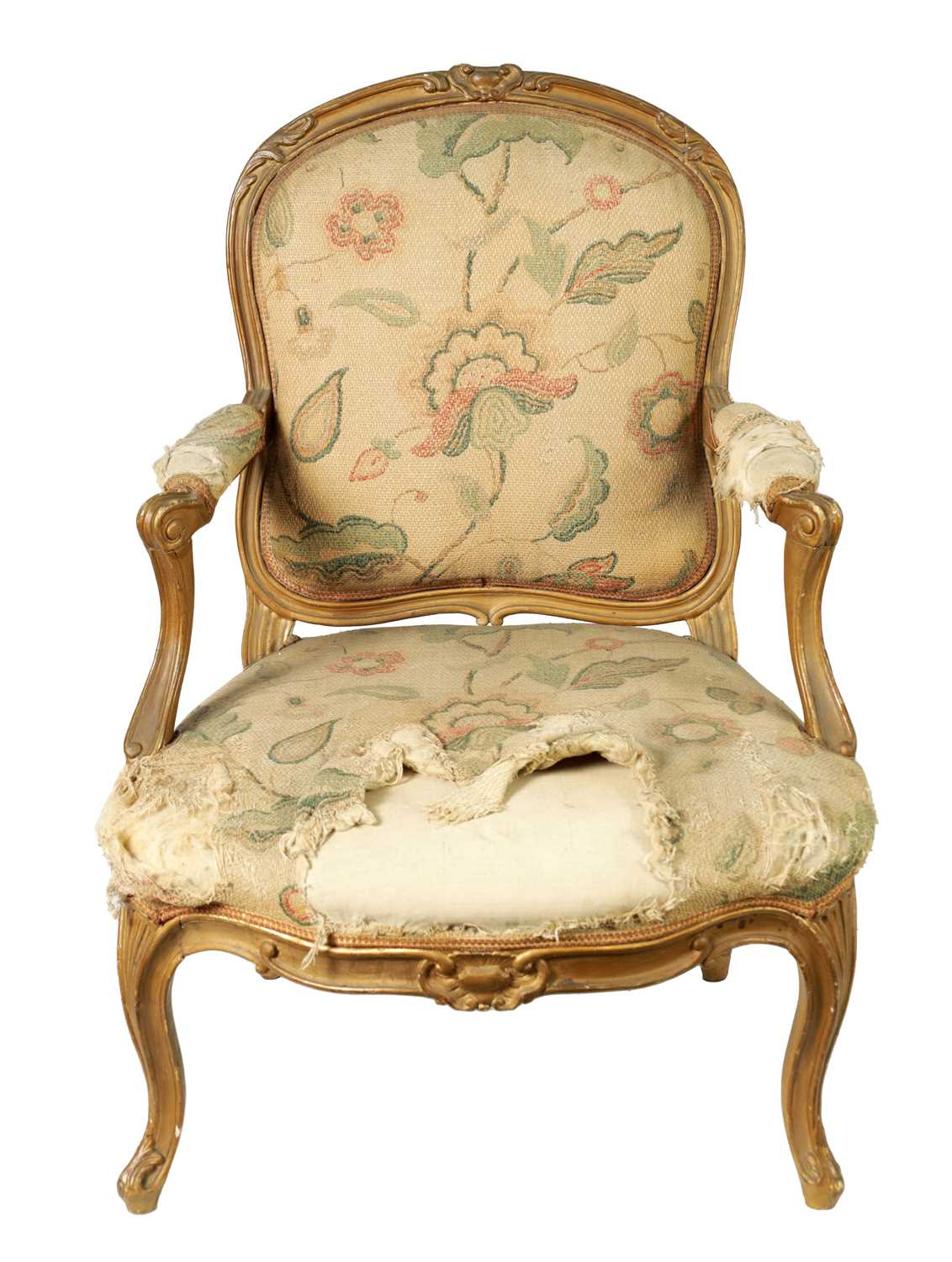 JEAN BAPTISTE TILLIARD AN 18TH CENTURY FRENCH CARVED GILT WOOD UPHOLSTERED OPEN ARMCHAIR