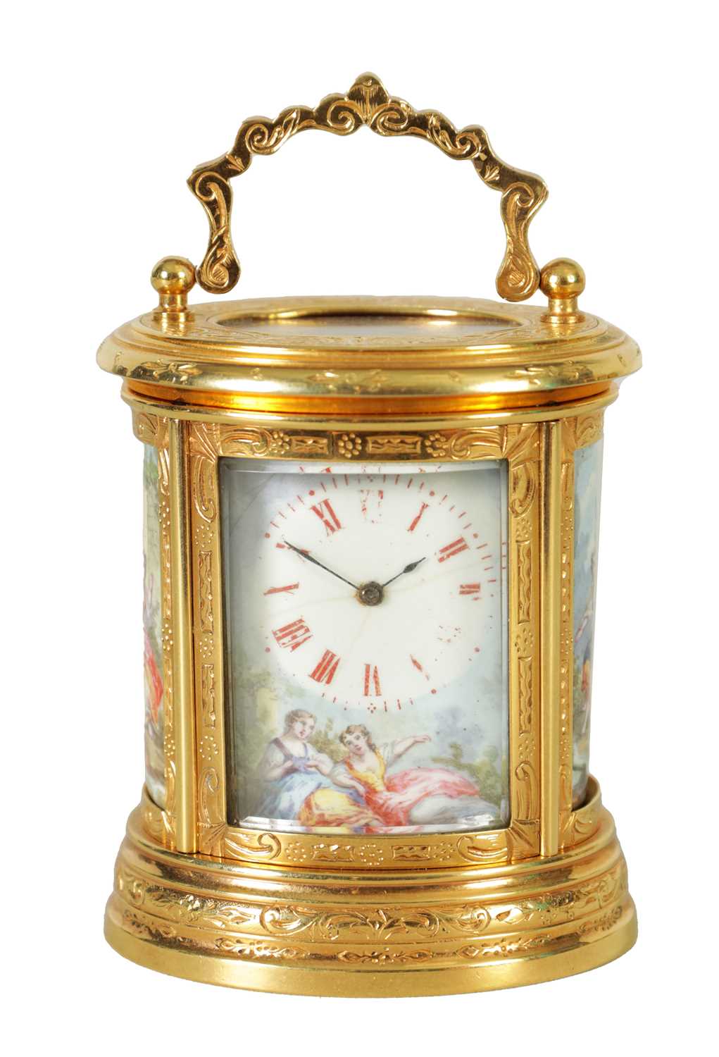 A LATE 19TH CENTURY MINIATURE PORCELAIN PANELLED ENGRAVED OVAL CARRIAGE CLOCK