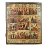 AN EARLY OIL PAINTING ON PANEL - ICON DEPICTING THE TWELVE FEASTS