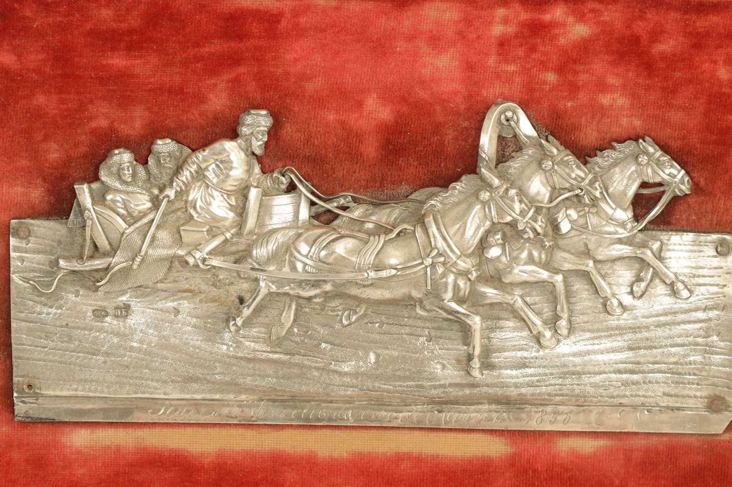 A LATE 19TH CENTURY RUSSIAN SILVER PLAQUE DEPICTING COSSACKS ON A SLAY PULLED BY HORSES - Image 9 of 14