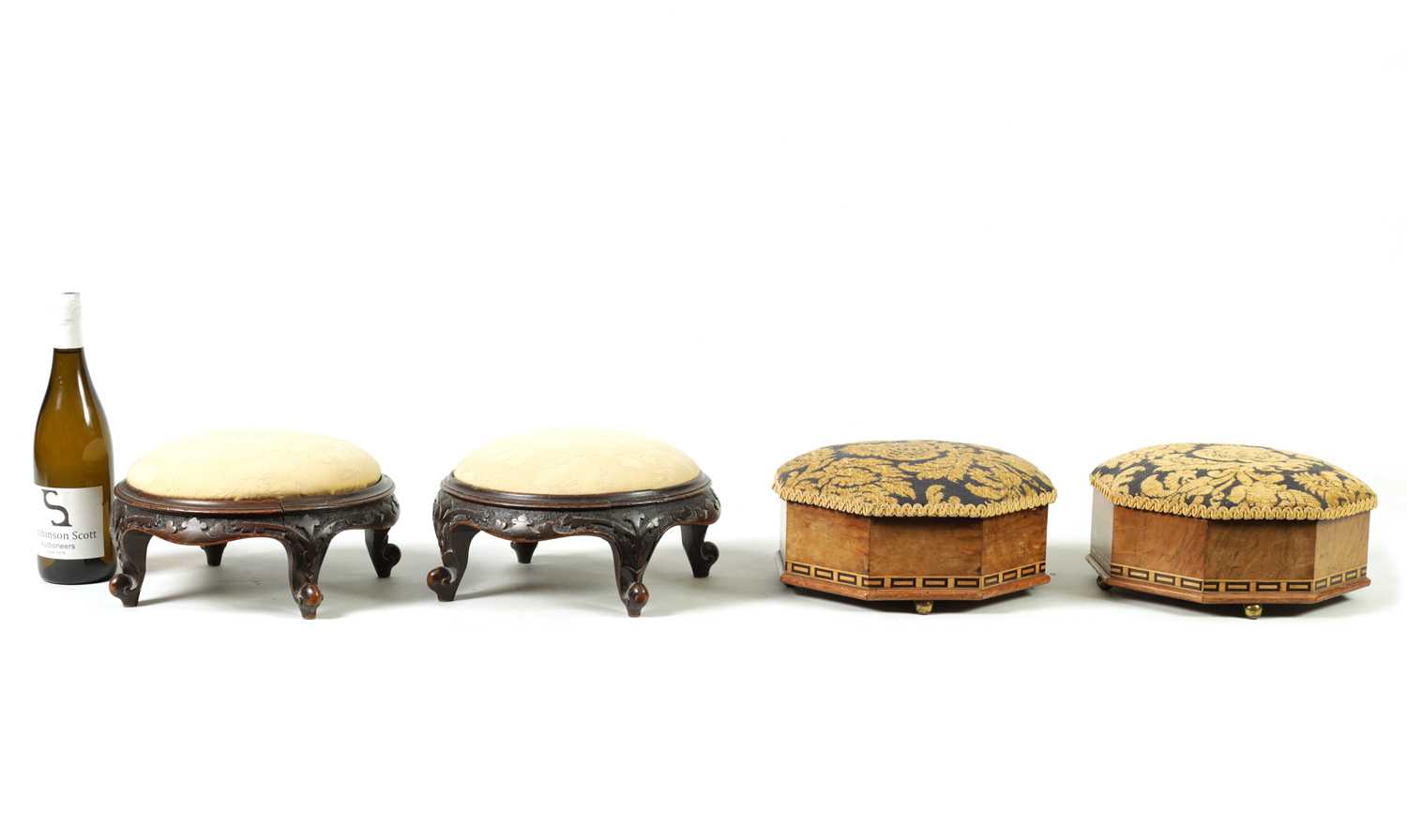 A PAIR OF 19TH CENTURY OCTAGONAL SHAPED INLAID WALNUT FOOTSTOOLS - Image 2 of 12