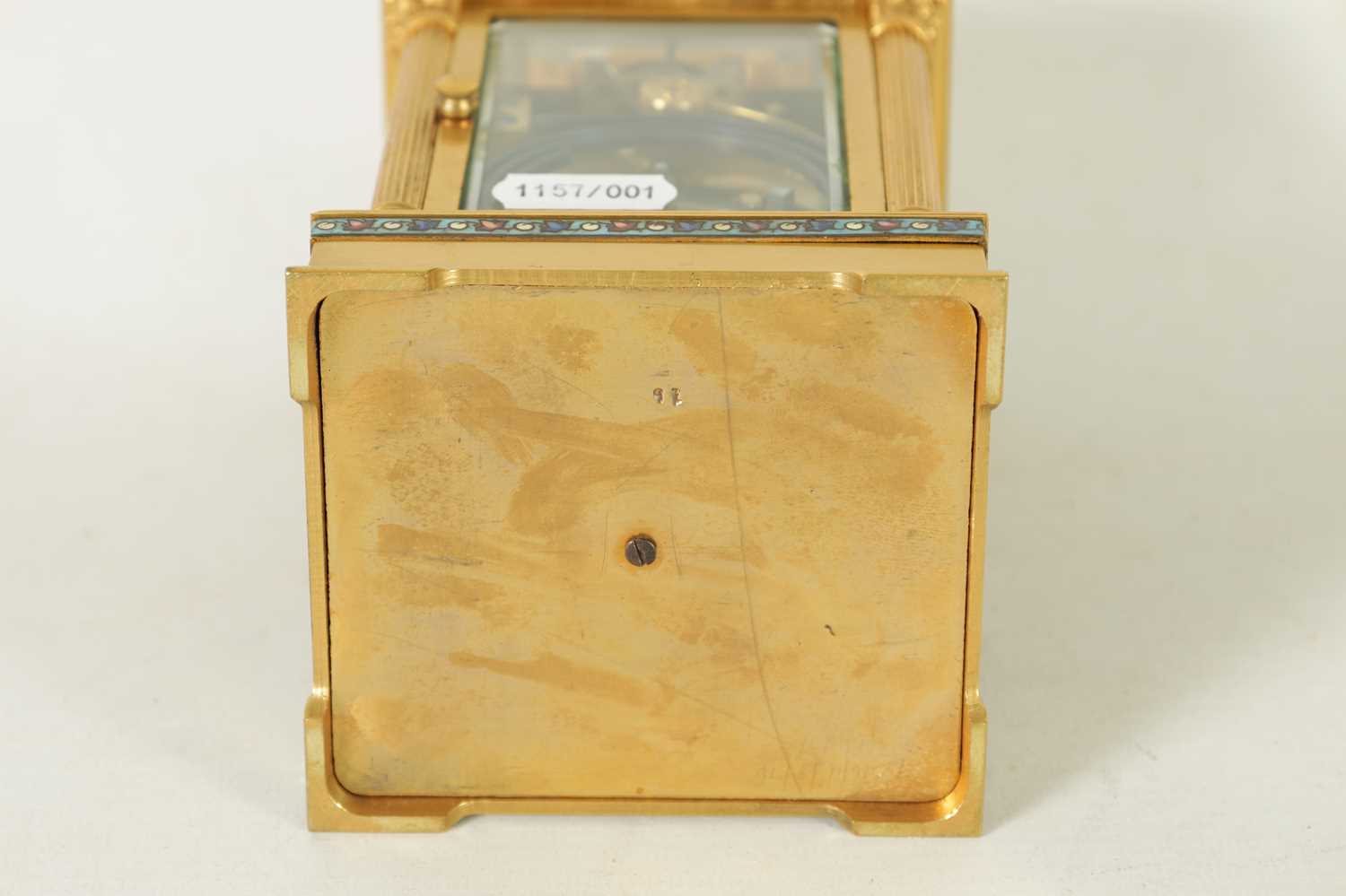 A LATE 19TH CENTURY FRENCH GILT BRASS AND CHAMPLEVE ENAMEL REPEATING CARRIAGE CLOCK - Image 10 of 10