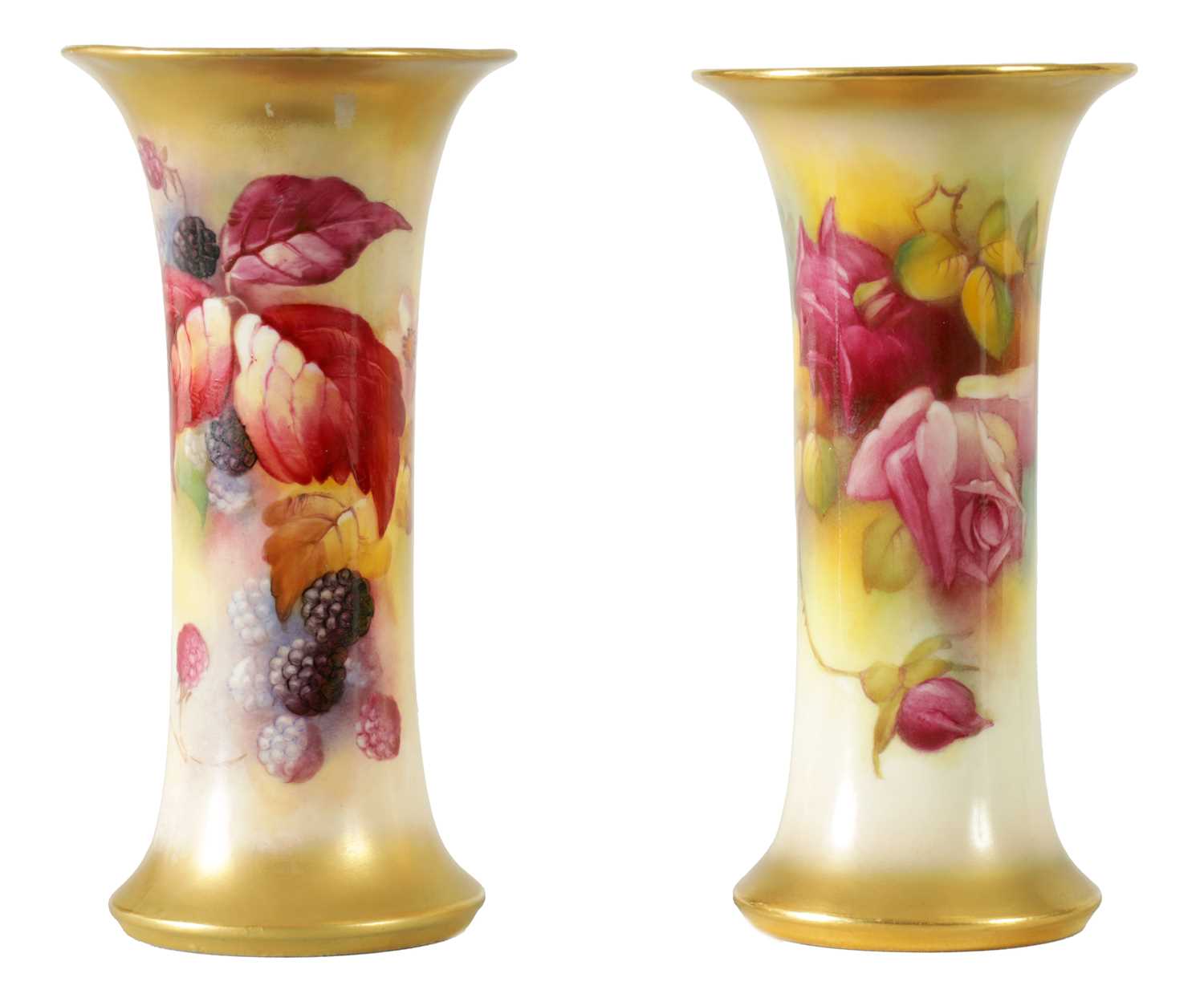 TWO EARLY 20TH CENTURY ROYAL WORCESTER SPILL VASES DECORATED IN AUTUMN BERRIES SIGNED KITTY BLAKE AN