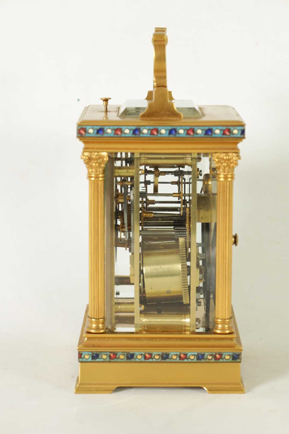 A LATE 19TH CENTURY FRENCH GILT BRASS AND CHAMPLEVE ENAMEL REPEATING CARRIAGE CLOCK - Image 7 of 10