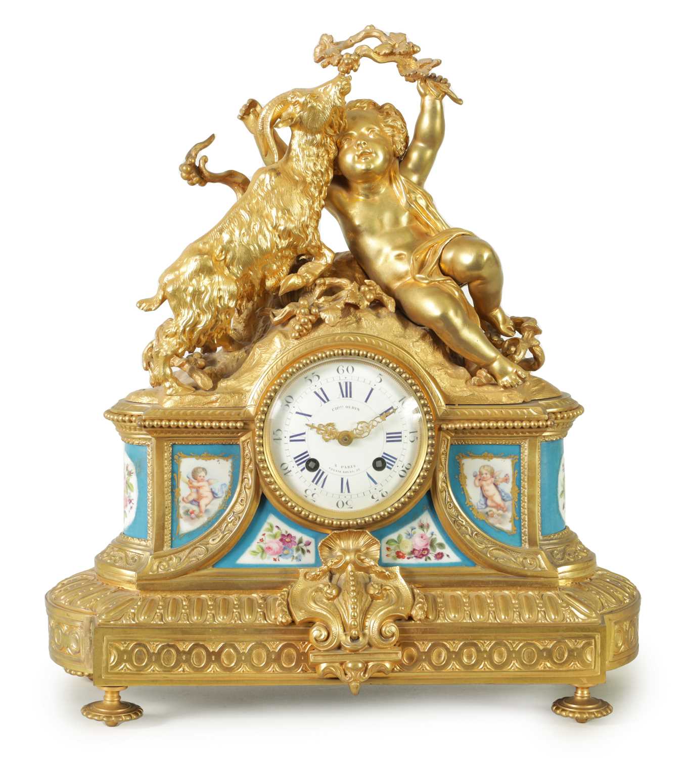 CHARLES OUDIN, A PARIS. A LATE 19TH CENTURY FRENCH ORMOLU AND PORCELAIN PANELLED MANTEL CLOCK