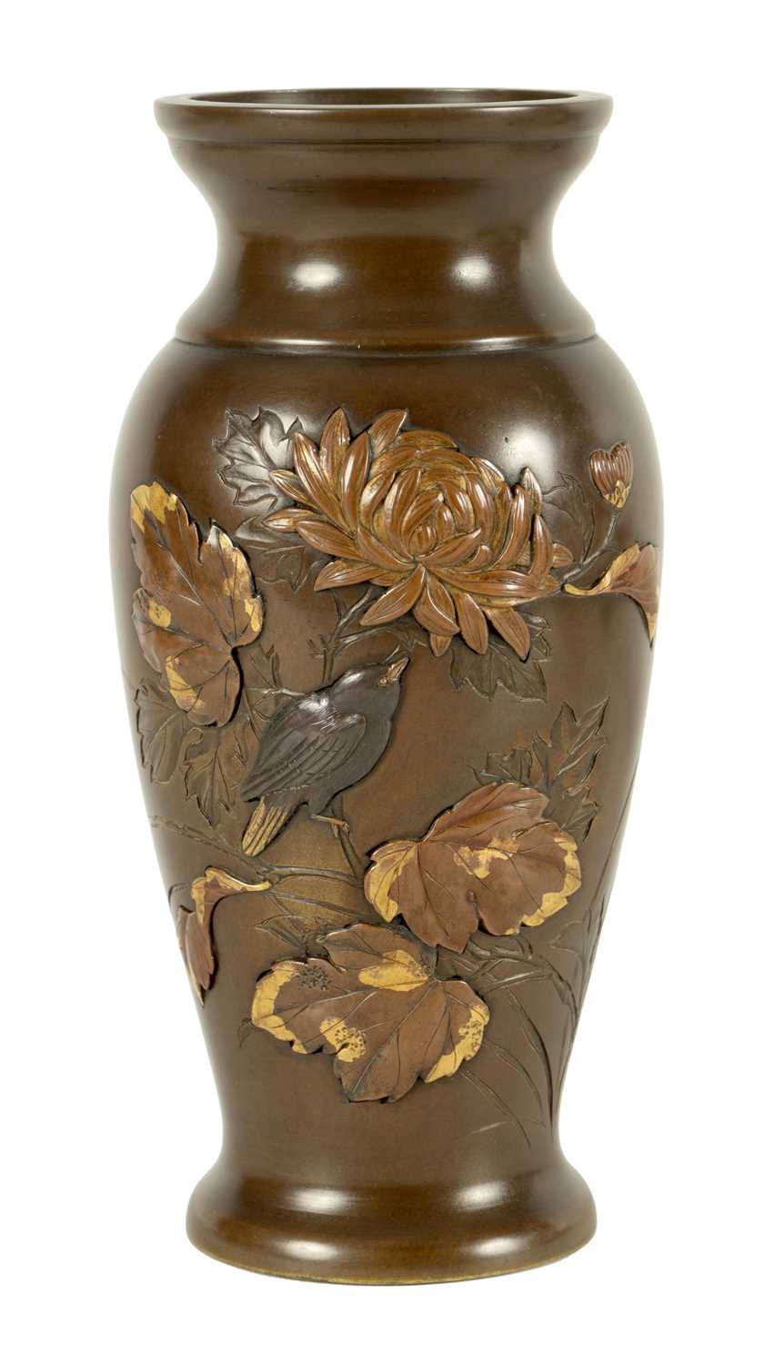 A JAPANESE MEIJI PERIOD MIXED METAL BRONZE BALUSTER VASE