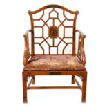 A FINE 19TH CENTURY PAINTED SATINWOOD 'CHINESE CHIPPENDALE' STYLE COCK PEN ARMCHAIR