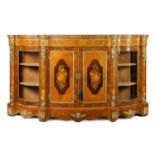 A FINE 19TH CENTURY ENGLISH FIGURED WALNUT AND FLORAL MARQUETRY SERPENTINE CREDENZA BY EDWARD & ROBE