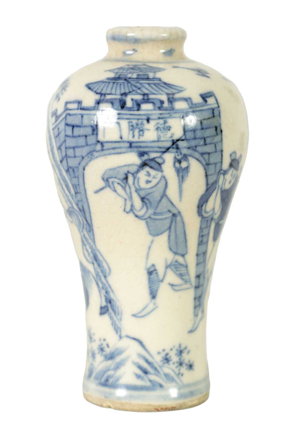 A 18TH CENTURY CHINESE MINIATURE BLUE AND WHITE INVERTED BALUSTER VASE