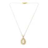A 14CT GOLD OPAL AND PEARL PENDANT AND CHAIN