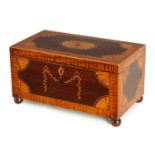 A GEORGE III SHELL INLAID AND FIGURED SATINWOOD CROSS BANDED MAHOGANY TEA CADDY