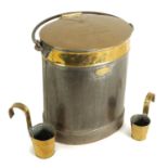 A 19TH CENTURY BRASS AND IRONWORK OVAL PORTABLE MILK CHURN WITH FOLDING HANDLE