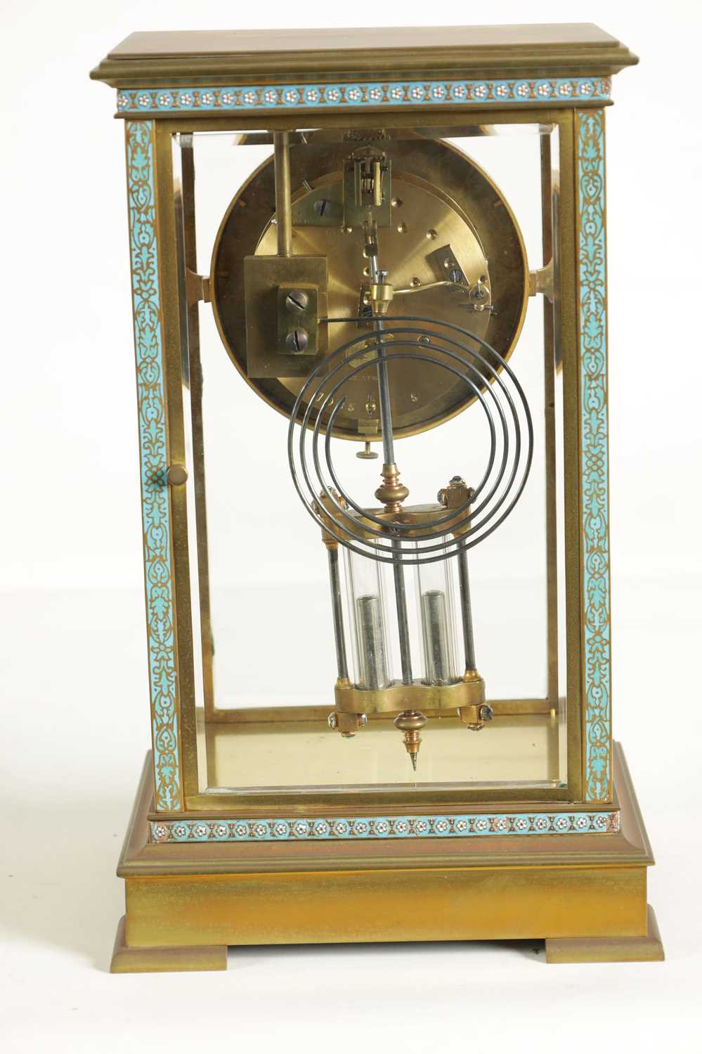 A LATE 19TH CENTURY FRENCH BRASS AND CHAMPLEVE ENAMEL FOUR-GLASS MANTEL CLOCK - Image 8 of 10