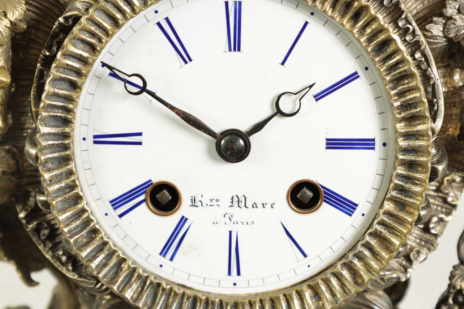 HENRY MARC, A PARIS. A MID 19TH CENTURY FRENCH ROCOCO STYLE SILVERED BRONZE MANTEL CLOCK - Image 2 of 10