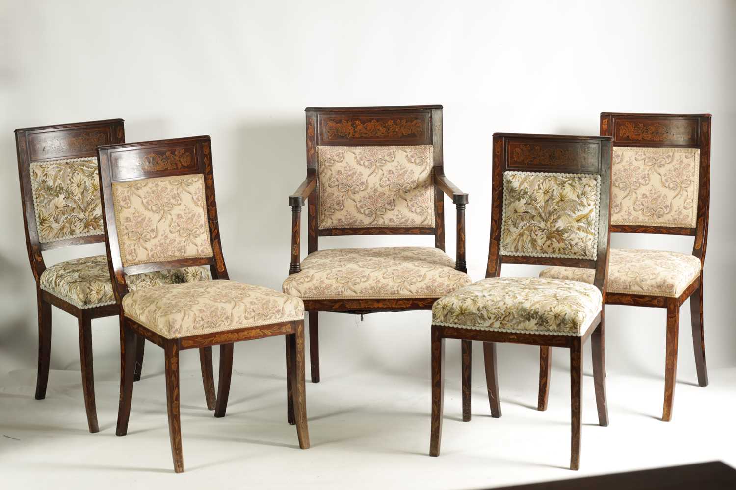 A SET OF FIVE GEORGE III DUTCH MARQUETRY INLAID MAHOGANY DINING CHAIRS - Image 2 of 12