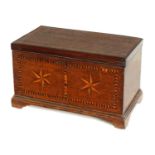 AN EARLY 19TH CENTURY INLAID OAK APPRENTICE PIECE MINIATURE MULE CHEST