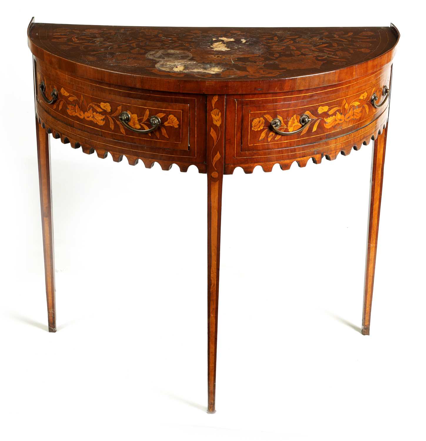 AN 18TH CENTURY BOW-FRONT DUTCH FLORAL MARQUETRY AND WALNUT SIDE TABLE