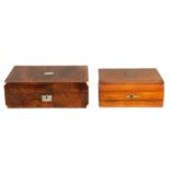 A 19TH CENTURY MAHOGANY WRITING BOX WITH FOLDOUT FRONT AND FITTED INTERIOR