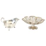 A GEORGE V PETAL SHAPED FILIGREE SILVER PEDESTAL SWEET MEAT TAZZA