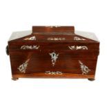 A 19TH CENTURY ROSEWOOD AND MOTHER-OF-PEARL INLAID TEA CADDY