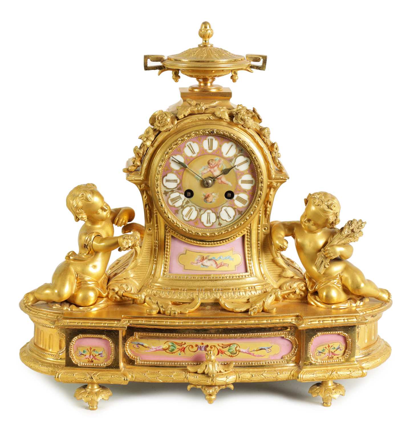 A LATE 19TH CENTURY FRENCH ORMOLU AND PORCELAIN PANELLED FIGURAL MANTEL CLOCK