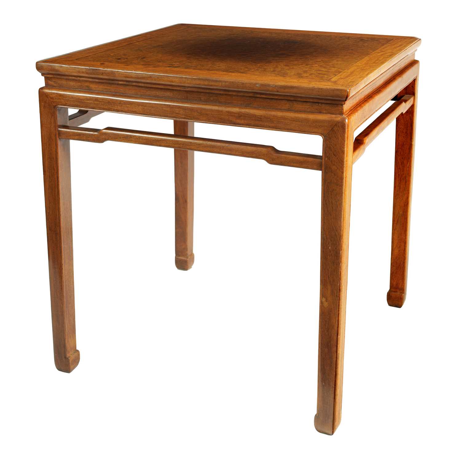 A LATE 19TH CENTURY CHINESE HARDWOOD AND BURRWOOD SQUARE TOP TABLE