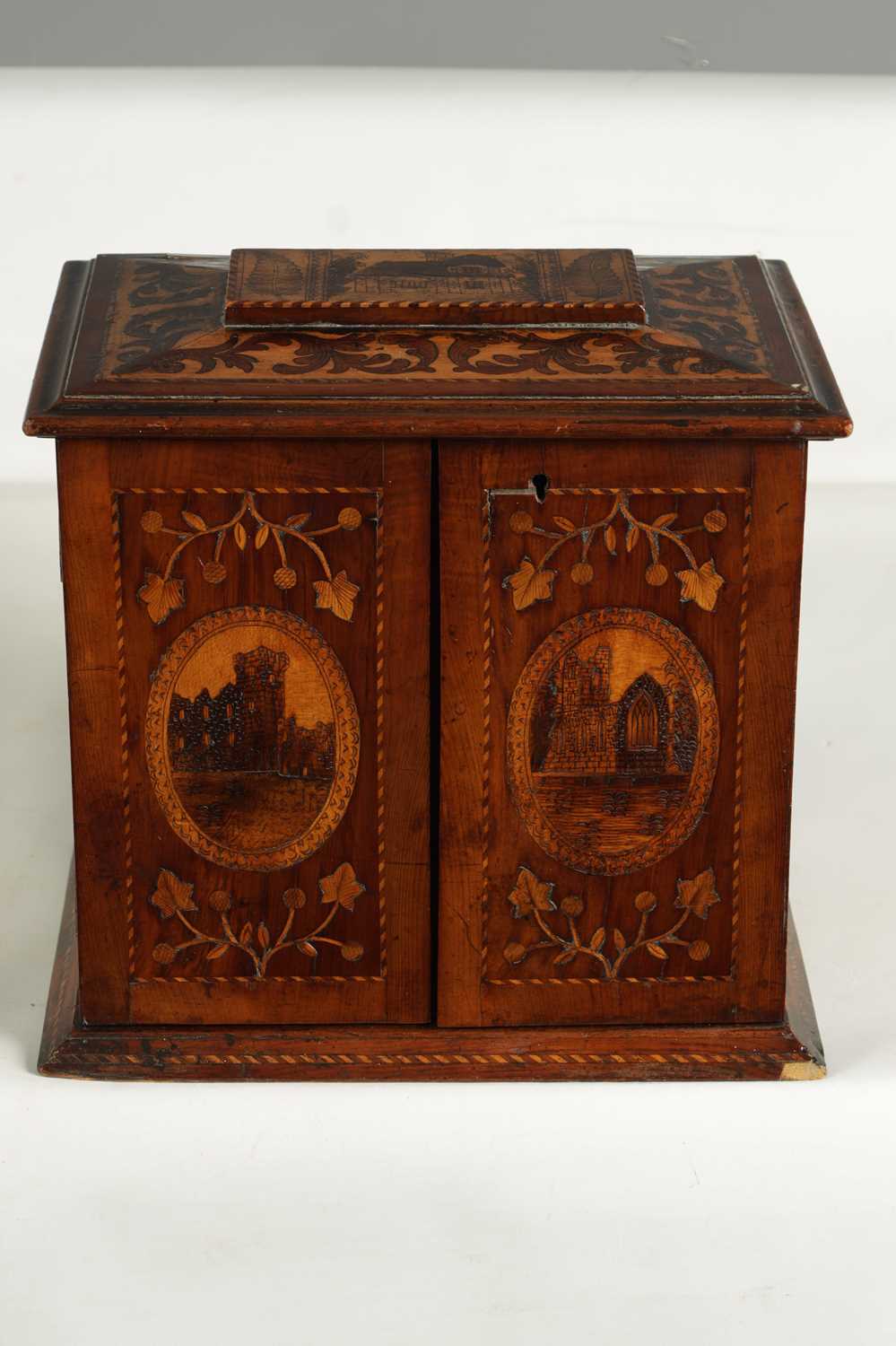 A GOOD 19TH CENTURY KILLARNEY WARE YEW WOOD SEWING CABINET - Image 3 of 14