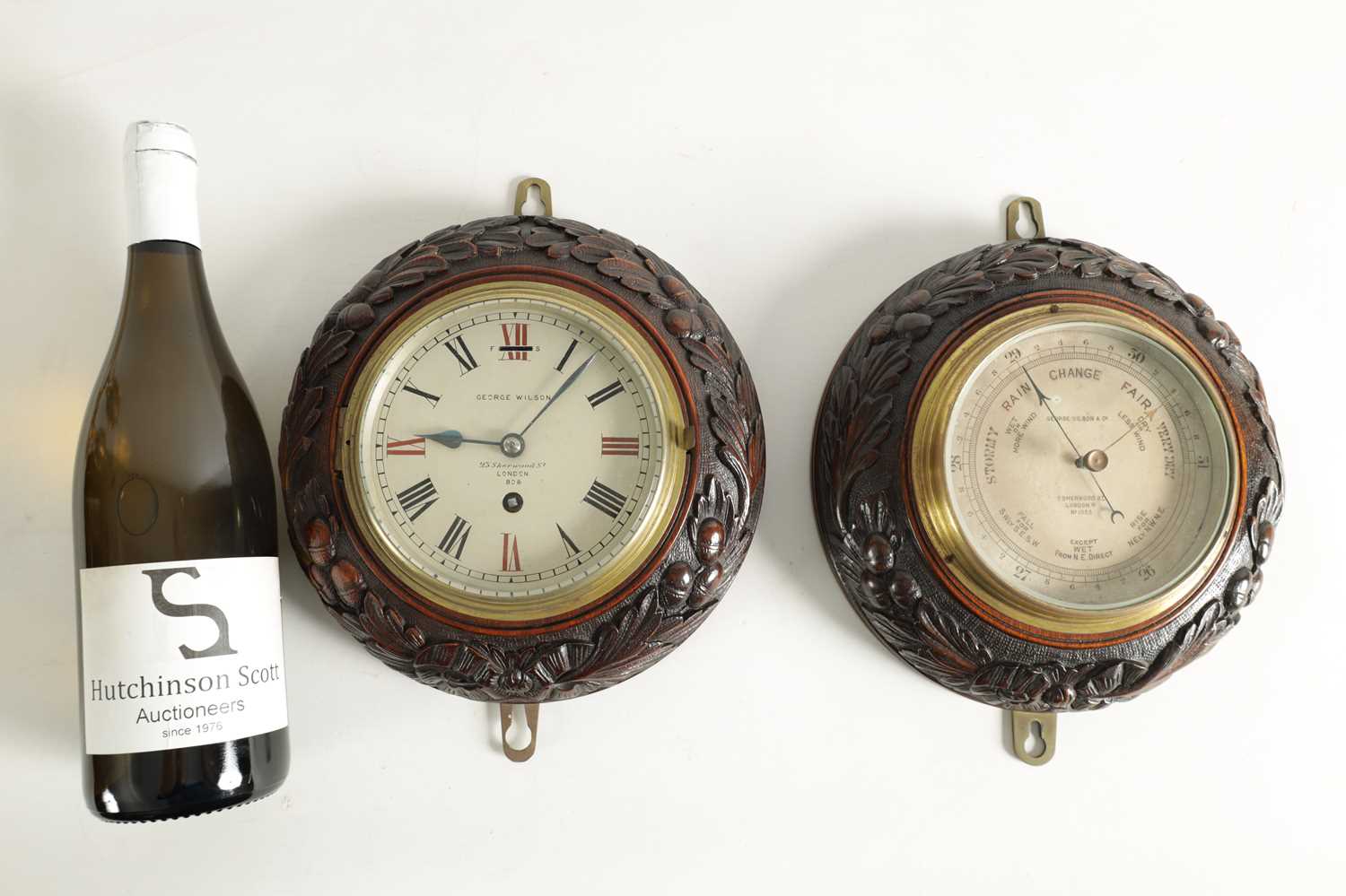 A PAIR OF LATE 19TH CENTURY WALL CLOCK AND BAROMETER SET - Image 4 of 7