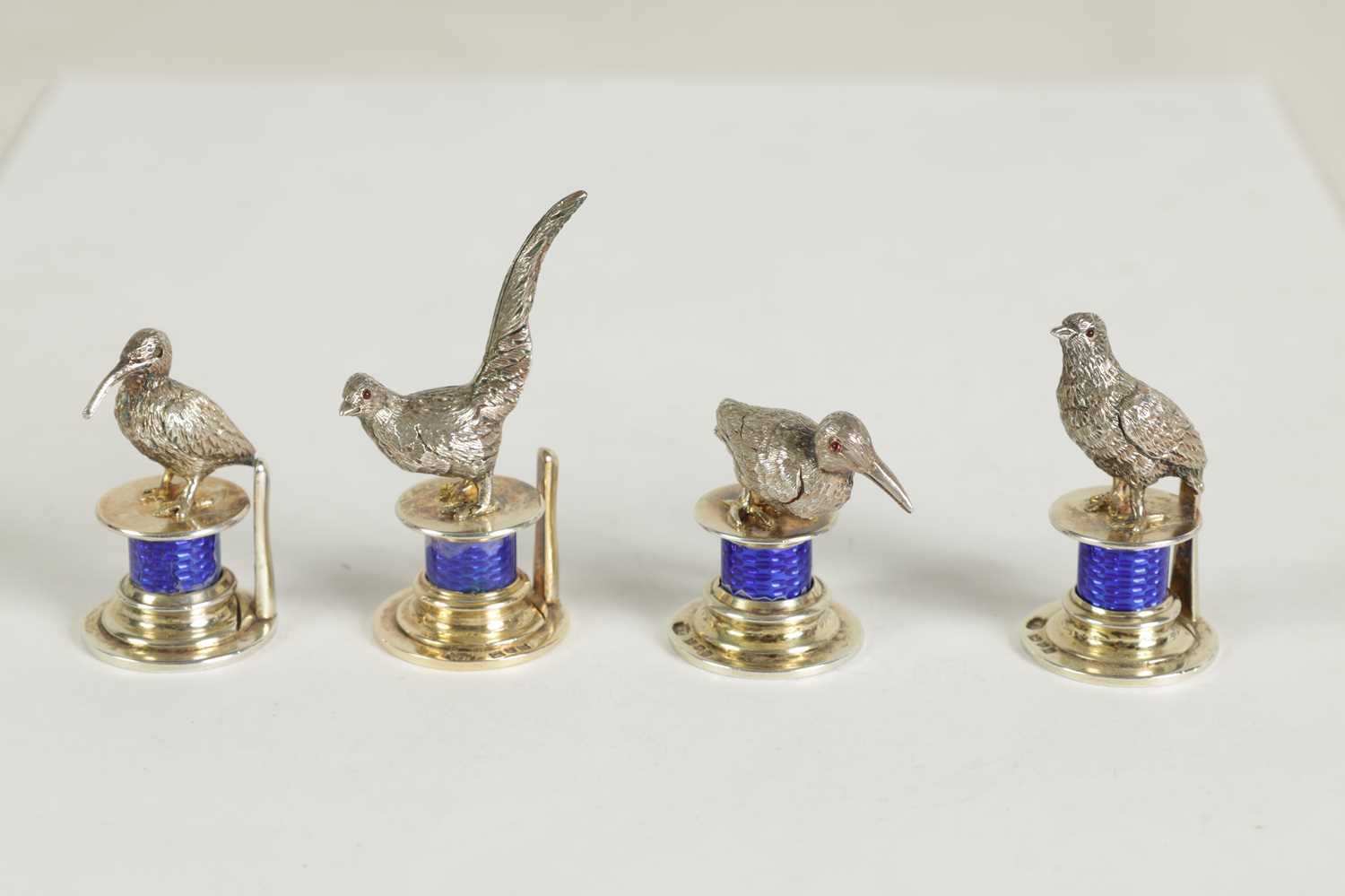 A CASED SET OF FOUR SILVER AND GUILLOCHE ENAMEL GAME BIRD MENU HOLDERS - Image 3 of 8