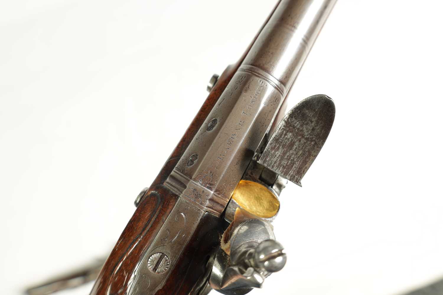 A PAIR OF 18TH CENTURY SILVER-MOUNTED ENGLISH FLINTLOCK PISTOLS BY BARBAR, LONDON. - Image 8 of 17