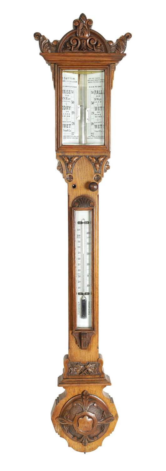 SUTTON, WHITEHAVEN. A LATE 19TH CENTURY OAK STICK BAROMETER