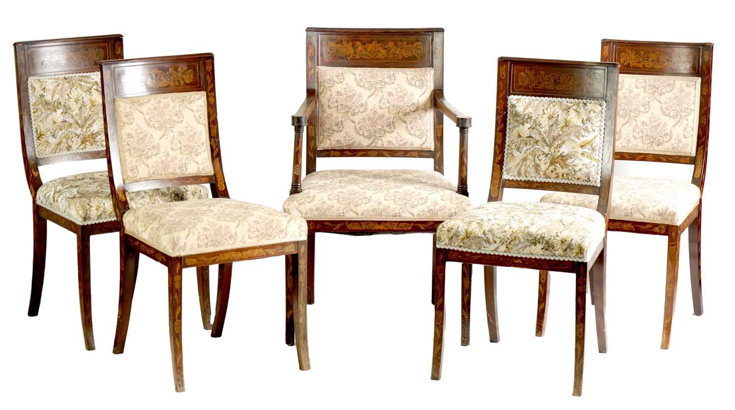 A SET OF FIVE GEORGE III DUTCH MARQUETRY INLAID MAHOGANY DINING CHAIRS