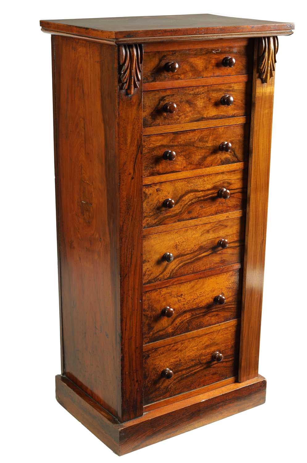 A 19TH CENTURY FIGURED WALNUT WELLINGTON CHEST