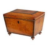 A 19TH CENTURY BUR ELM AND AMBOYNA TEA CADDY