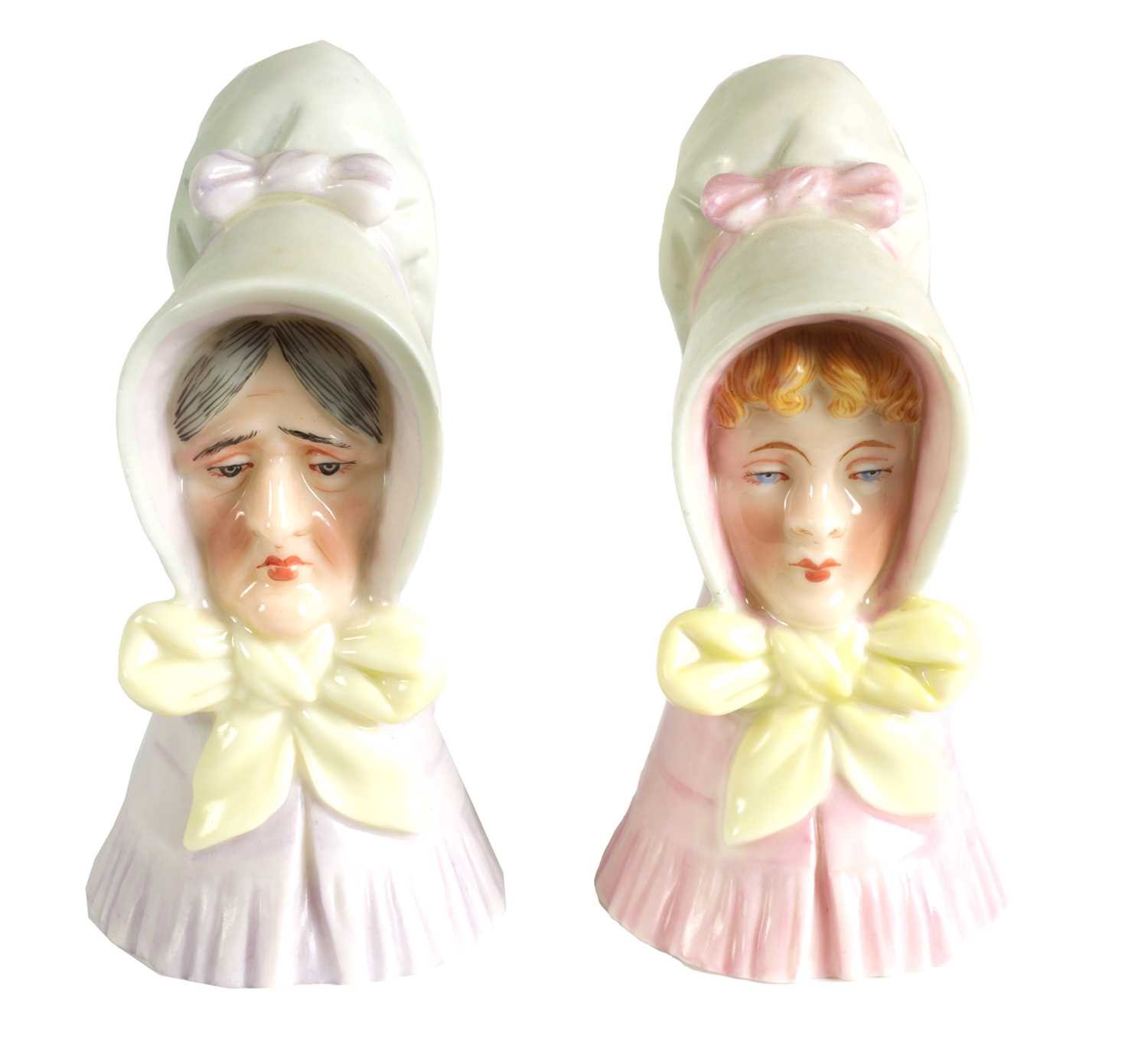 OLD WOMAN AND YOUNG GIRL TWO ROYAL WORCESTER CANDLE EXTINGUISHERS