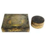 19TH CENTURY BLACK LACQUER WORK FITTED BOX WITH PAINTED PEACOCK AND LANDSCAPE PANEL TO THE LID