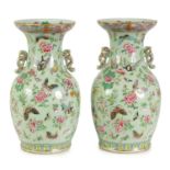 A GOOD PAIR OF 19TH CENTURY CHINESE TWO-HANDLED TAPERED VASES