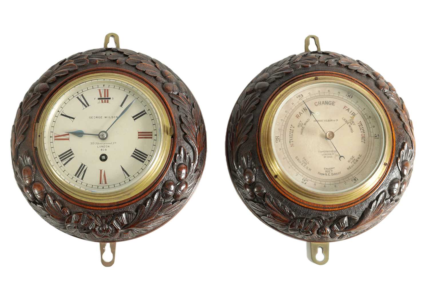 A PAIR OF LATE 19TH CENTURY WALL CLOCK AND BAROMETER SET