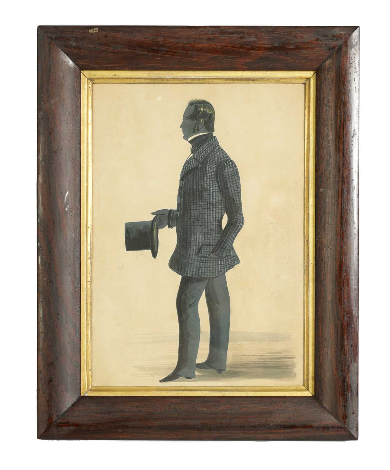 A MID 19TH CENTURY FULL LENGTH SIDE PORTRAIT OF A GENTLEMAN ON CARD