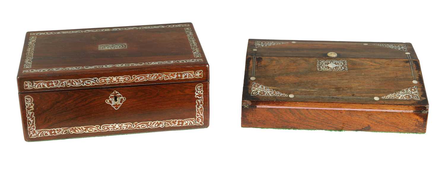 TWO MID 19TH CENTURY ROSEWOOD AND MOTHER-OF-PEARL INLAID WRITING BOXES