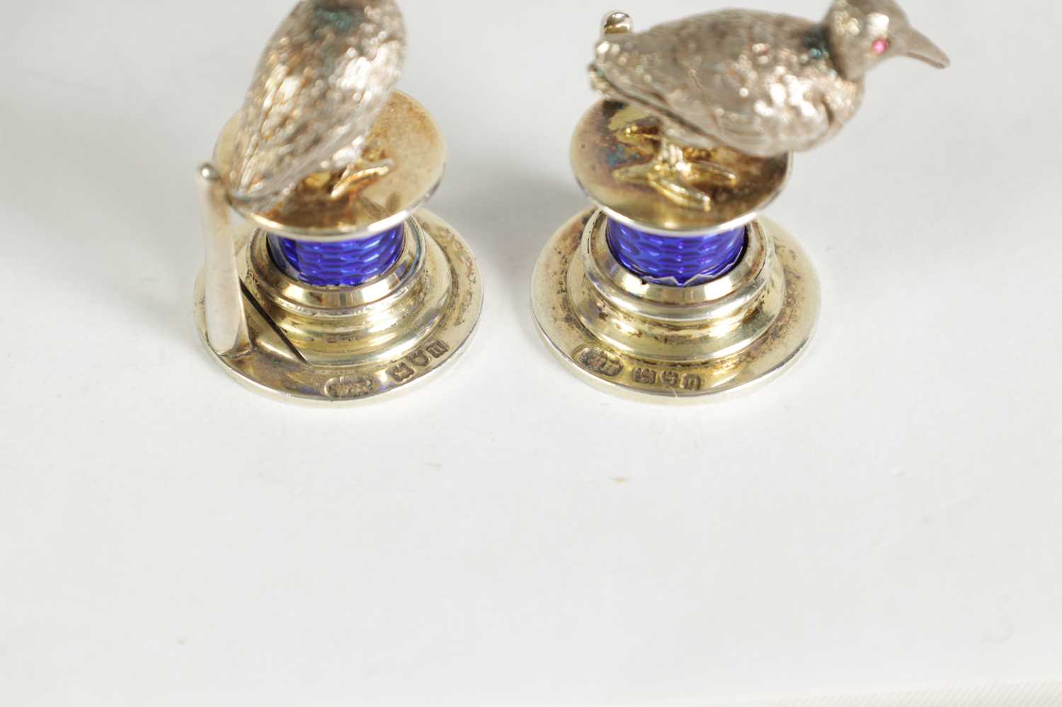 A CASED SET OF FOUR SILVER AND GUILLOCHE ENAMEL GAME BIRD MENU HOLDERS - Image 7 of 8