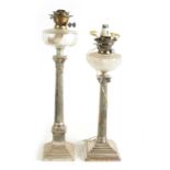 TWO 19TH CENTURY SILVER PLATED CORINTHIAN COLUMN OIL LAMP BASES