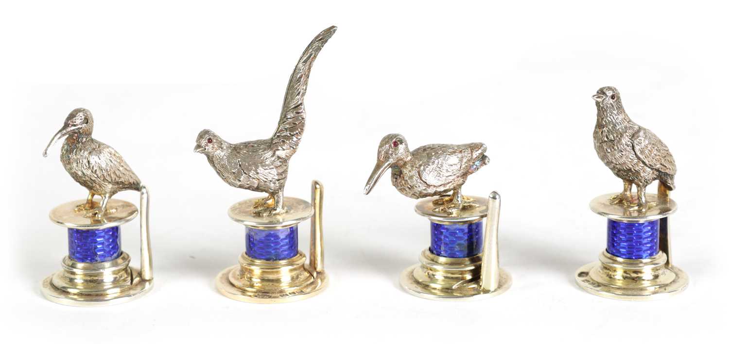 A CASED SET OF FOUR SILVER AND GUILLOCHE ENAMEL GAME BIRD MENU HOLDERS - Image 2 of 8