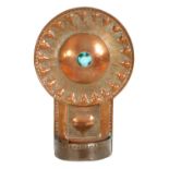 AN ARTS AND CRAFTS COPPER AND RUSKIN TYPE CABOCHON ENAMEL HANGING WALL LIGHT