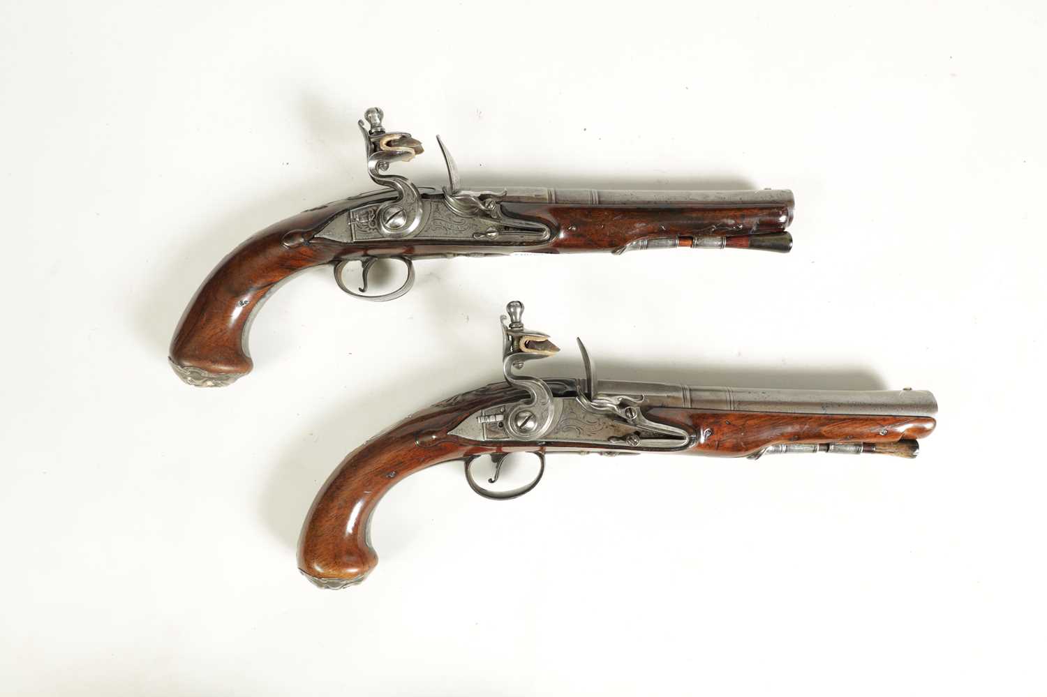 A PAIR OF 18TH CENTURY SILVER-MOUNTED ENGLISH FLINTLOCK PISTOLS BY BARBAR, LONDON. - Image 4 of 17