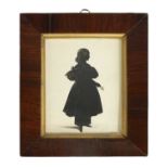 HUBARD GALLERY - MIDNIGHT 19TH CENTURY FULL LENGTH SILHOUETTE DRAWING ON CARD OF A YOUNG LADY IN A D