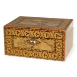 A VICTORIAN WALNUT AND CHEQUERED INLAID SEWING BOX